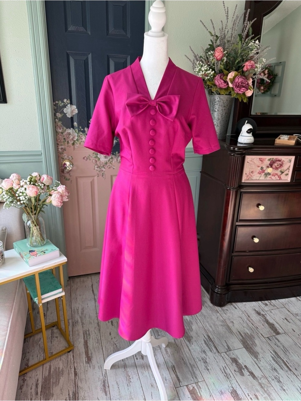 NWOT Fuchsia Midi Dress with Bow Neckline - Picture 6 of 6